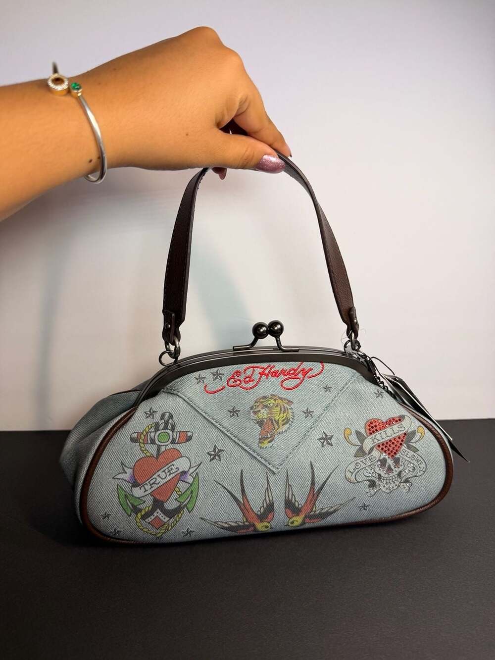 NWT Ed Hardy Tattoo Print Denim Canvas Kisslock Shoulder Bag Handbag